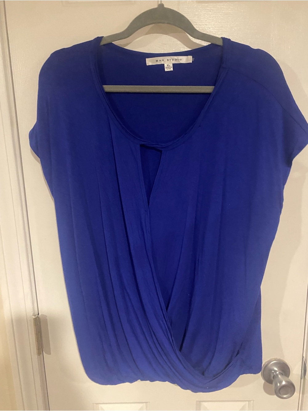 Max Studio Women's Cobalt Blue Draped Crossover Short Sleeve Top
